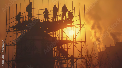 Obraz na płótnie Sunset Silhouette Construction Workers on Scaffolding transparent background w salonie