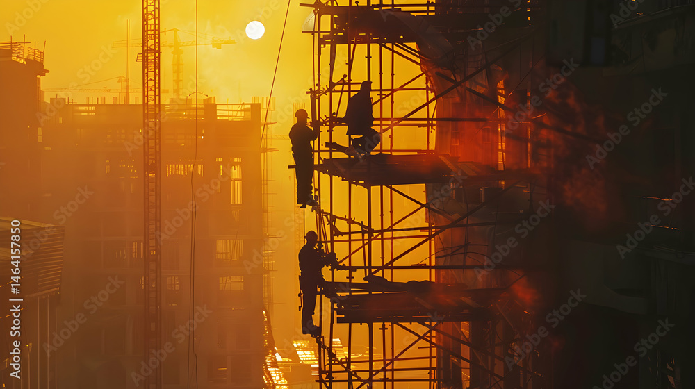 Sunset Construction Workers on Scaffolding Urban Industrial Scene transparent background