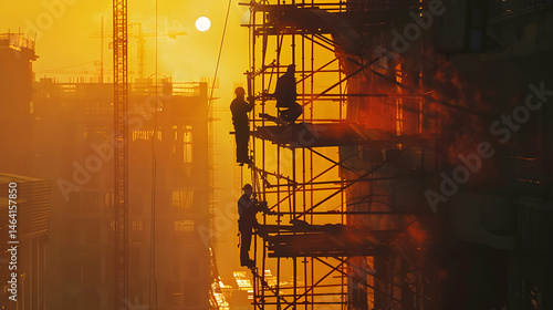 Obraz na płótnie Sunset Construction Workers on Scaffolding Urban Industrial Scene transparent background w salonie