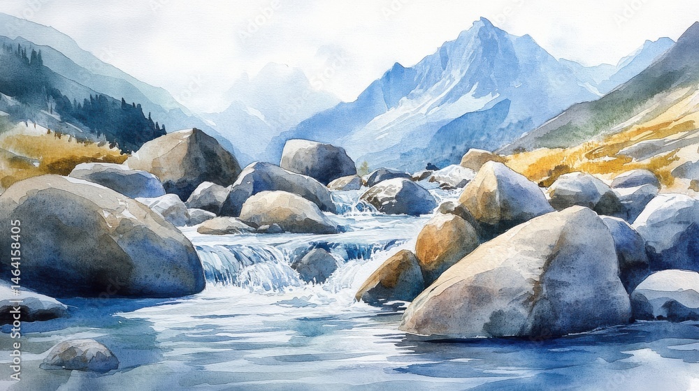 A mountain stream flows among rocks with distant peaks and a bright, clear sky, surrounded by natural landscape.