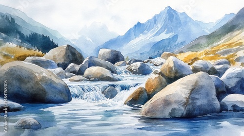 A mountain stream flows among rocks with distant peaks and a bright, clear sky, surrounded by natural landscape.