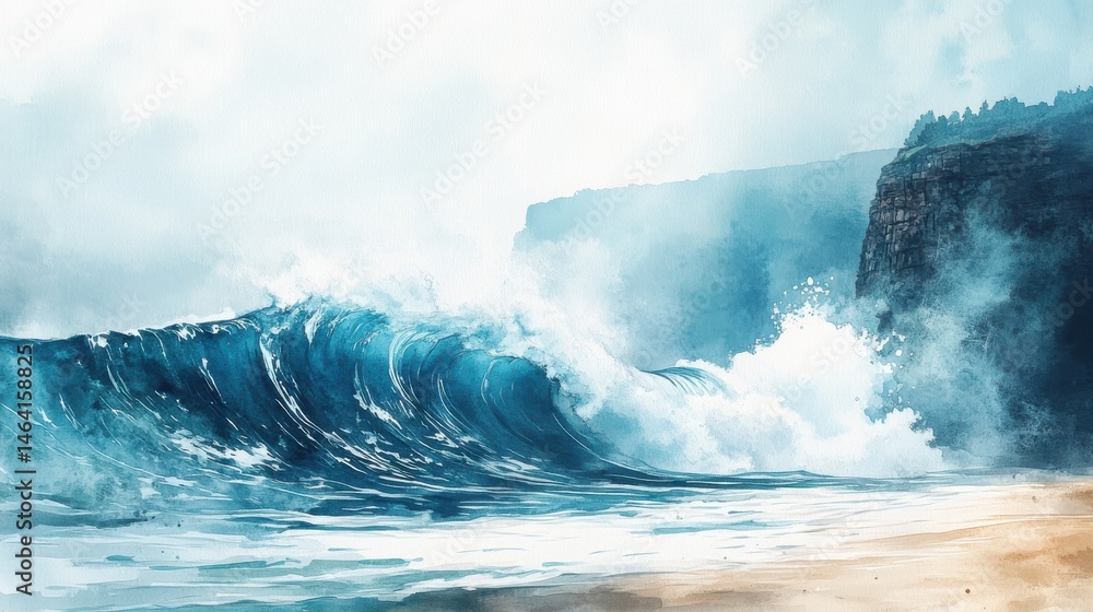 A powerful ocean wave crashes against a sandy shore with dramatic cliffs in the background under a cloudy sky.