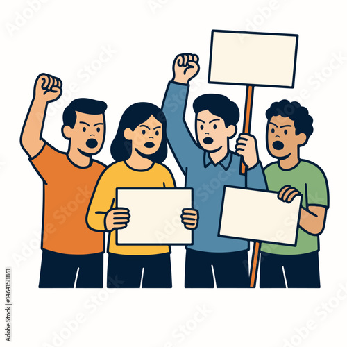 Protest. People crowd holding blank banners, manifesting activists demonstrating empty signs. Street demonstration
