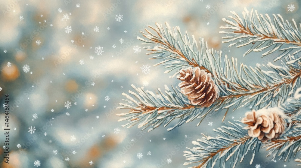Frosted pine branches with cones and falling snowflakes create a serene winter scene with a soft, dreamy background.