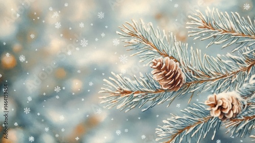 Obraz na płótnie Frosted pine branches with cones and falling snowflakes create a serene winter scene with a soft, dreamy background. w salonie