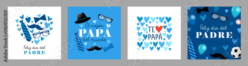 Feliz dia del Padre and El mejor Papa spanish greeting cards set with mens accessories. Translation - Happy Father's Day, Best dad in the world, I love you Dad. Vector illustration