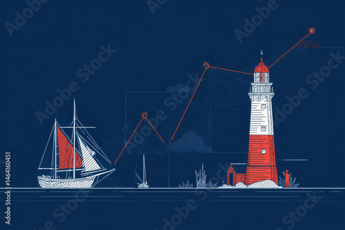 Lighthouse guiding ship shows path to business growth with data for success