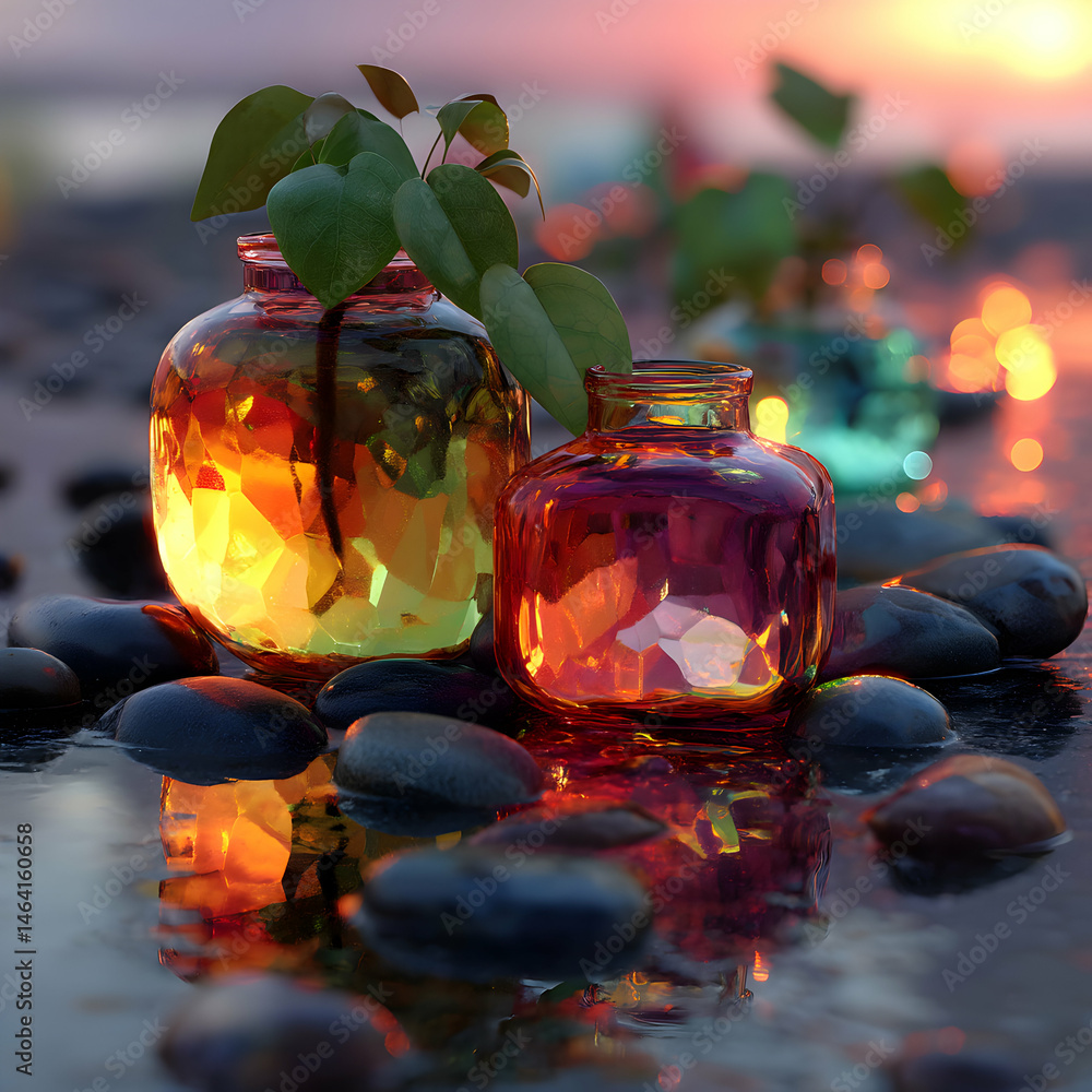 Glowing Glass Jars on a Beach at Sunset A Serene Image transparent background