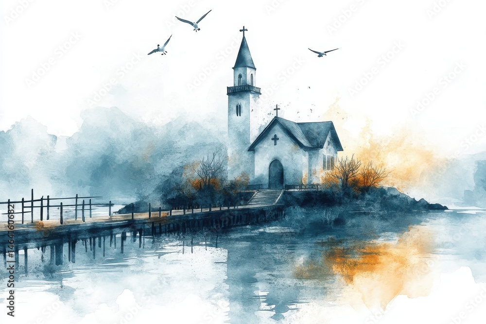 A serene watercolor painting of a church by a lake, with birds flying overhead and a wooden bridge reflecting in calm water.