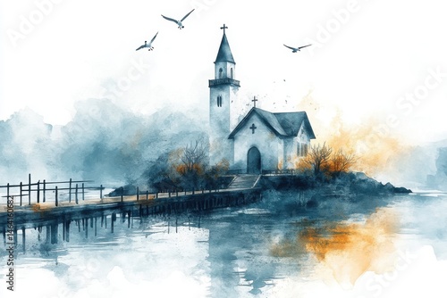 Obraz na płótnie A serene watercolor painting of a church by a lake, with birds flying overhead and a wooden bridge reflecting in calm water. w salonie