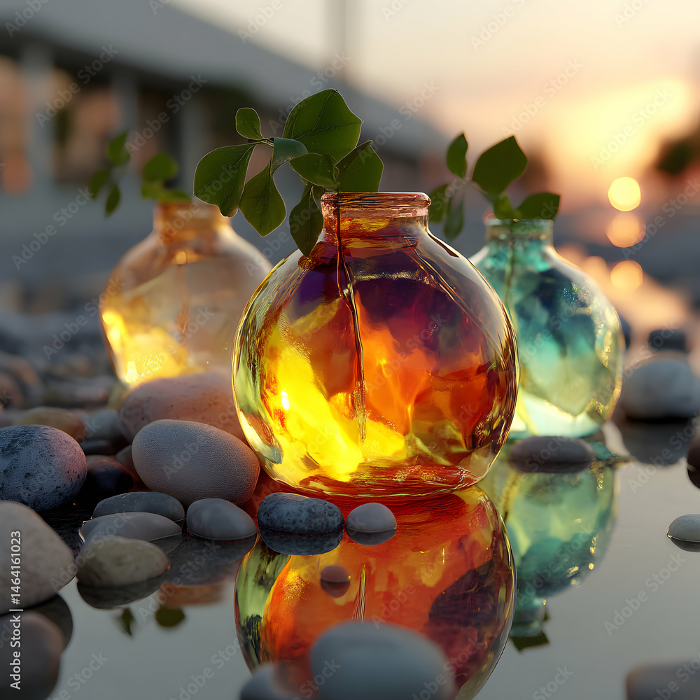 Sunset Glow Glass Vases with Leaves on Pebbles transparent background