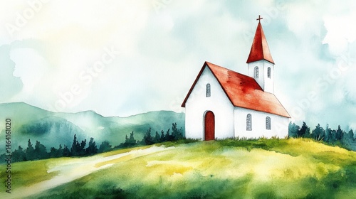 A small white church with a red roof sits on a grassy hill surrounded by trees and mountains under a soft, cloudy sky.