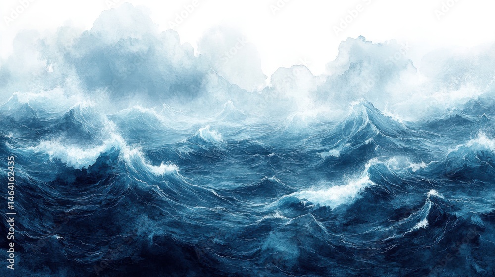 Dramatic ocean waves crash under a cloudy sky, creating a powerful and dynamic seascape painted in shades of blue.