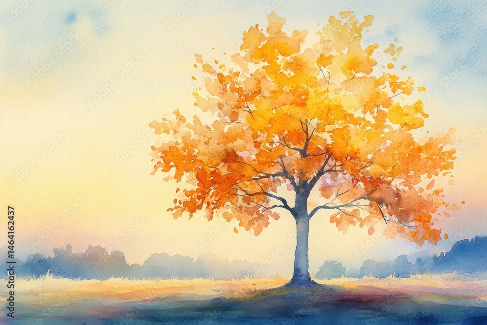 A vibrant autumn tree stands alone in a sunlit field, painted in soft watercolor tones of gold, orange, and blue.
