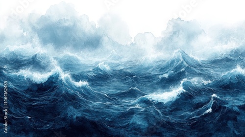 Obraz na płótnie Dramatic ocean waves crash under a cloudy sky, creating a powerful and dynamic seascape painted in shades of blue. w salonie
