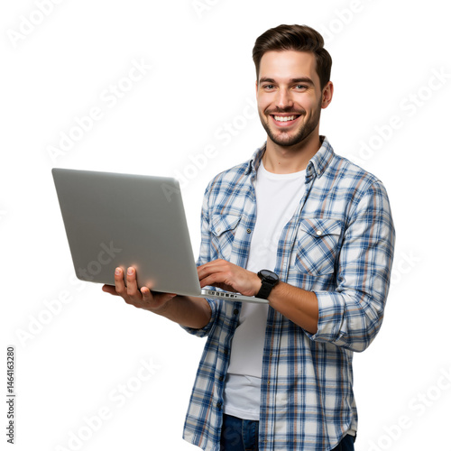 A young man smiling and holding laptop computer, isolated on a transparent background