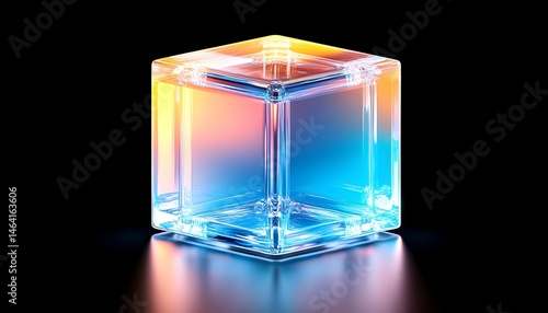 A luminous, transparent cube glows with warm and cool colors, reflecting on a dark surface