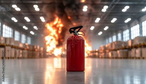 A red fire extinguisher stands in a warehouse amidst a raging fire