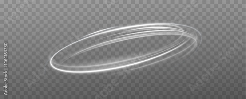 White Round Neon Light Frame with Glow Effect. Shining Elliptical Ring, Fast Light Streaks, Abstract Motion Lines, Glowing Circle Stroke, Futuristic Speed Wave on Transparent Background