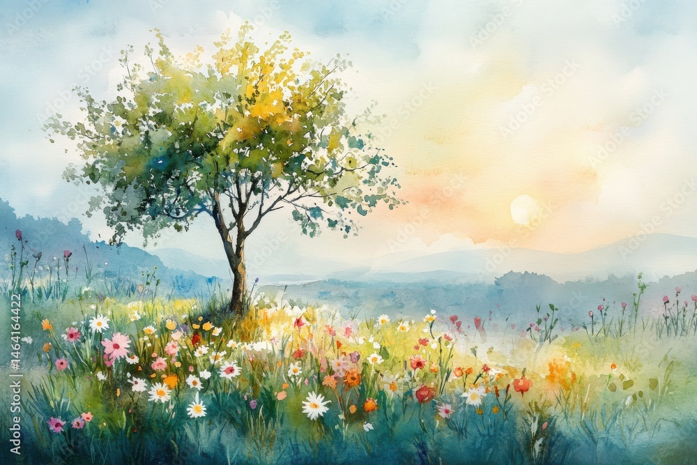 A lone tree stands in a colorful wildflower meadow at sunrise, painted in soft, dreamy watercolor style.