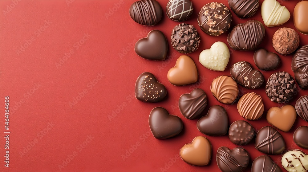 Assorted chocolate candies in heart shapes and other forms, arranged on a red background Assorted chocolate candies in heart shapes and other forms, arranged on a red background