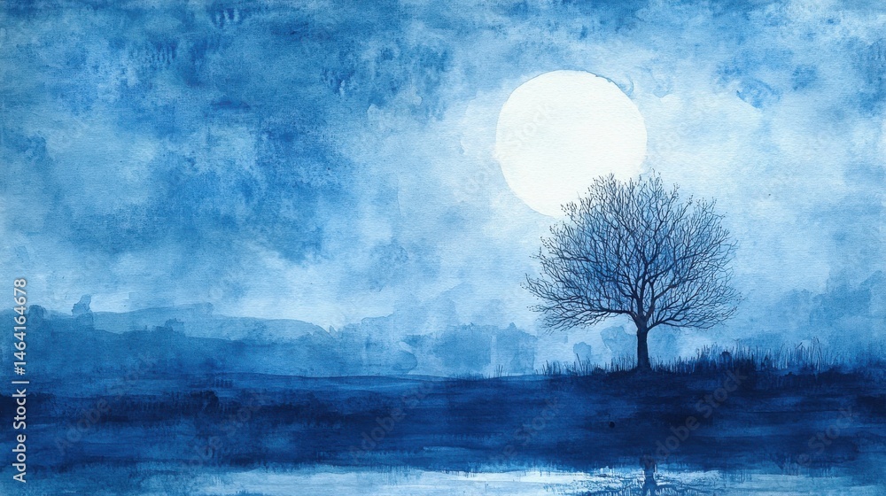 A solitary tree stands near water under a large full moon in a blue, dreamy, watercolor night landscape.