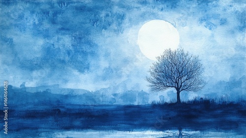 Obraz na płótnie A solitary tree stands near water under a large full moon in a blue, dreamy, watercolor night landscape. w salonie