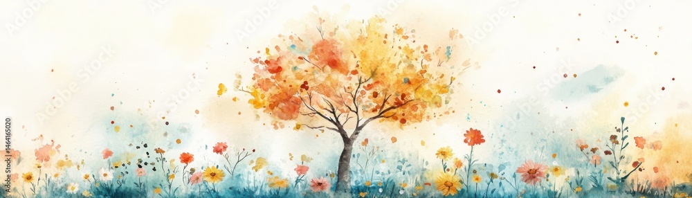 A vibrant watercolor illustration of a blossoming tree surrounded by colorful wildflowers in a serene landscape.