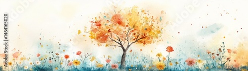 Obraz na płótnie A vibrant watercolor illustration of a blossoming tree surrounded by colorful wildflowers in a serene landscape. w salonie