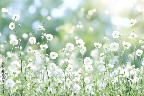 Delicate white flowers bloom in a sunlit field, creating a serene and peaceful atmosphere