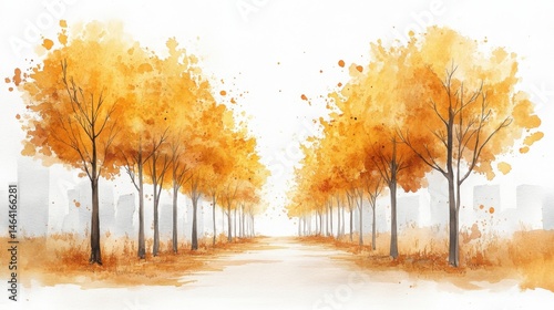 Watercolor painting of an autumn avenue lined with vivid orange-yellow trees, creating a serene and picturesque fall landscape.
