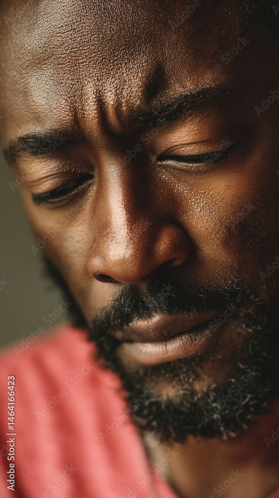 Fototapeta premium Close-up of a dark-brown man's face, showing skin texture and beard, eyes downcast, conveying pensive mood, suggesting reflection or contemplation