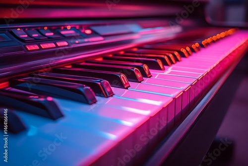 Close up view of a neon lit piano keyboard showing the keys