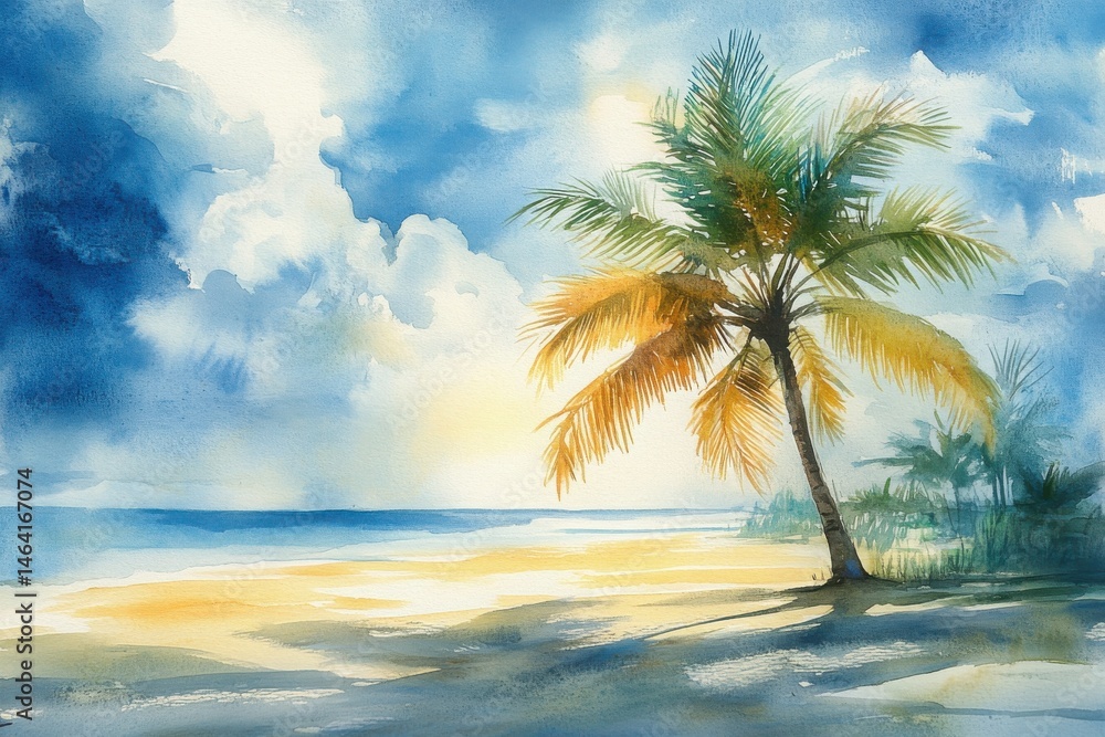 A serene watercolor painting of a tropical beach with a lone palm tree, golden sand, blue sky, and soft sunlight.
