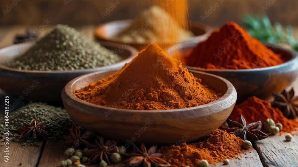 Aromatic spices in bowls, closeup on the table Aromatic spices in bowls, closeup on the table