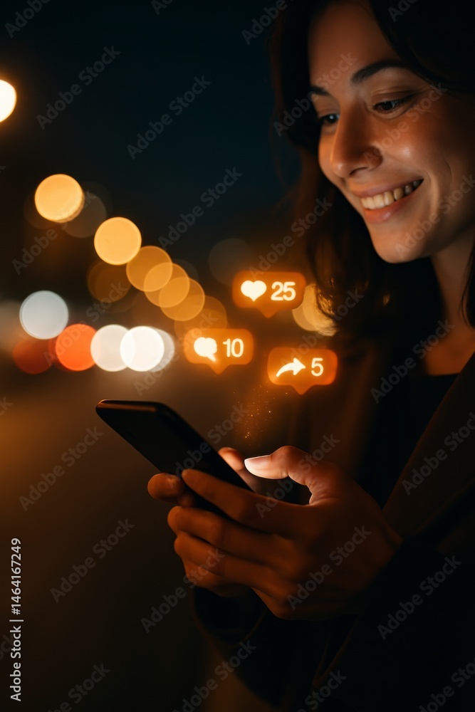Social media engagement urban nightscape digital interaction city environment close-up view modern communication trends