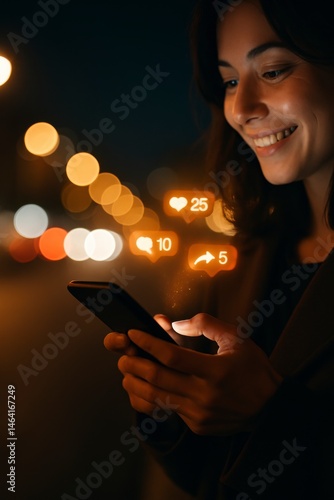 Obraz na płótnie Social media engagement urban nightscape digital interaction city environment close-up view modern communication trends w salonie