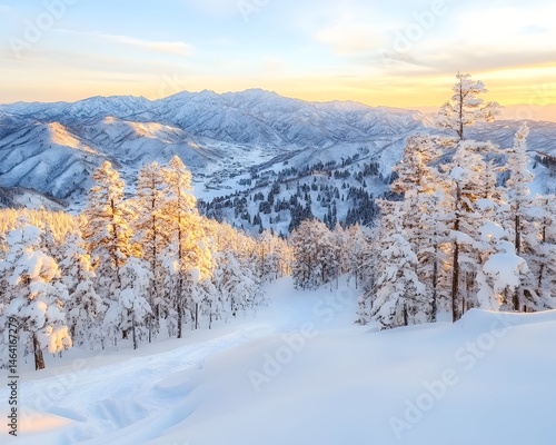 Wallpaper Mural Sunlit snowy mountain vista, snow-covered trees, valley below Torontodigital.ca