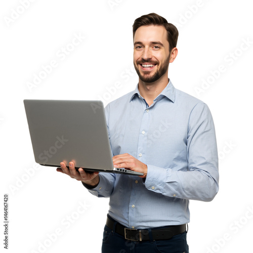 Portrait of young businessman standing, holding laptop and watching media with happy smile