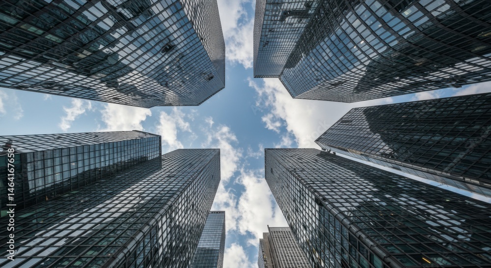 Skyward perspective of modern glass skyscrapers in urban landscape architectural photography reflective environment dynamic viewpoint