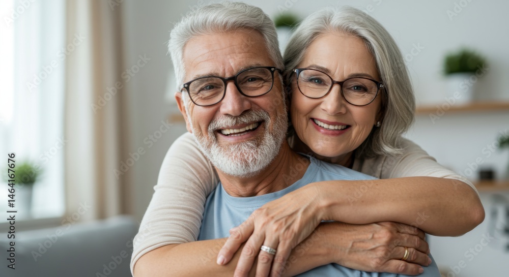 Joyful embrace of senior couple in cozy home emotional connection lifestyle portrait warm environment intimate viewpoint
