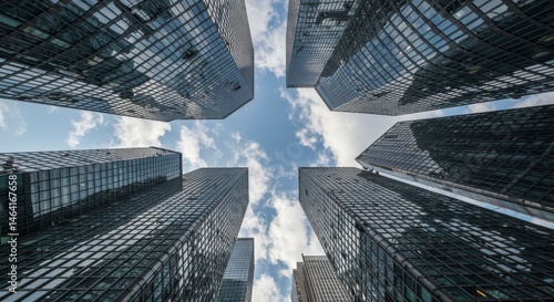 Skyward perspective of modern glass skyscrapers in urban landscape architectural photography reflective environment dynamic viewpoint
