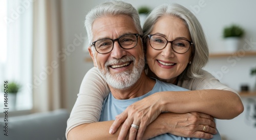 Obraz na płótnie Joyful embrace of senior couple in cozy home emotional connection lifestyle portrait warm environment intimate viewpoint w salonie