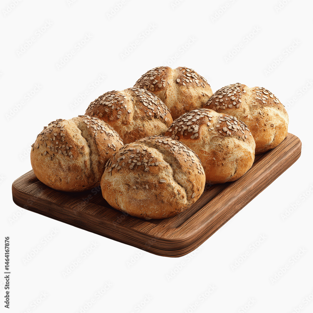 Six Artisan Wheat Rolls with Seeds on Wooden Board Six Artisan Wheat Rolls with Seeds on Wooden Board