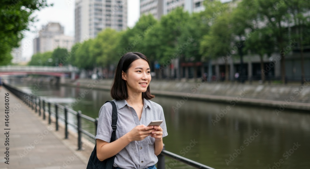 Young woman using smartphone by river in urban setting lifestyle daytime relaxed atmosphere