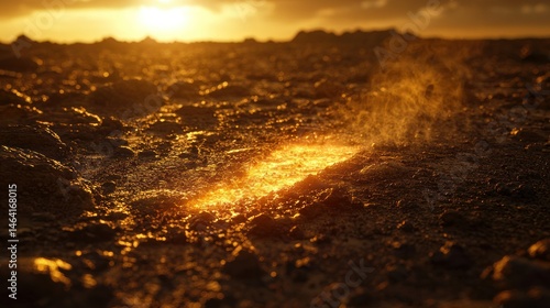 Desert scene with bright golden light on the cracked dry ground