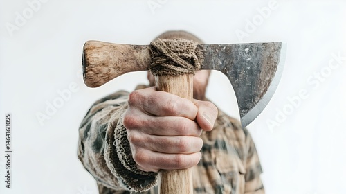 A bearded man presents a rustic hand-axe, its worn blade and bone handle, held firmly before a blurred background