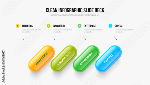 Modern Strategy Frame Template Vector Illustration. Financial Overview Four Element Diagram Slide Design. Marketing Report 4 Option Infographic Slideshow Layout.