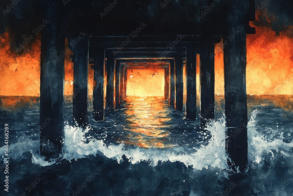 Dramatic sunset view under a pier with waves crashing, vibrant orange sky reflecting on the ocean water.