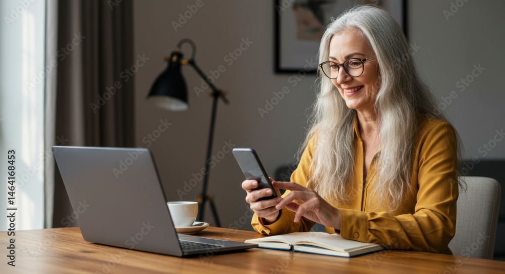 Elderly woman engaging with smartphone home office digital interaction cozy environment warm lighting embracing technology